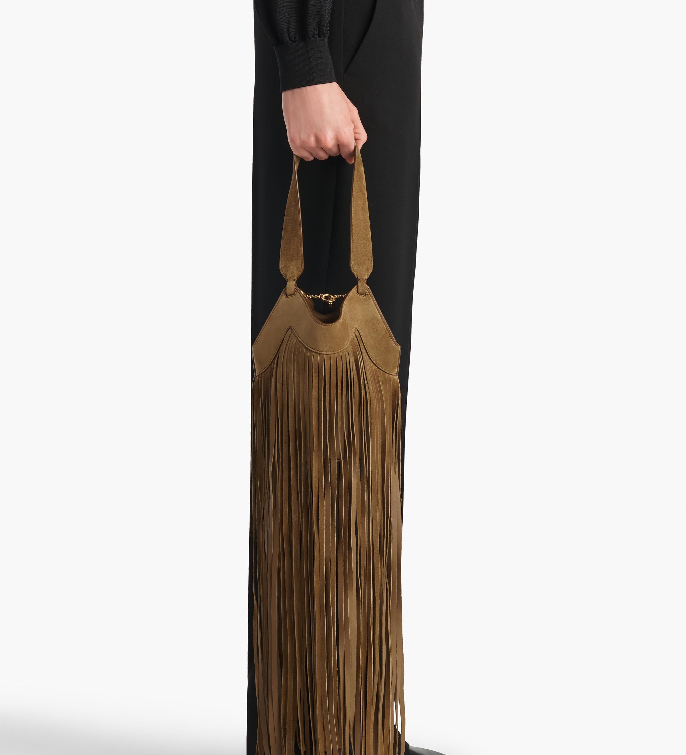 Khaite - Nano Lotus Fringe Tote in Mud Suede