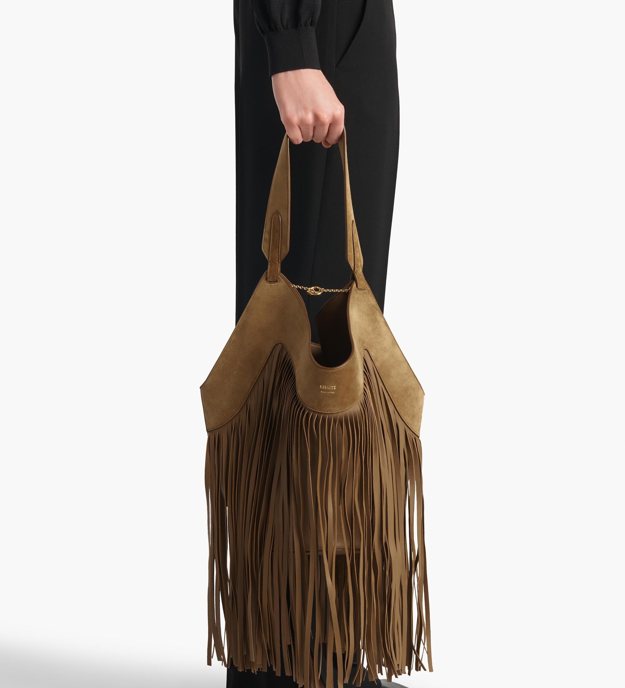 Khaite - Small Lotus Fringe Tote in Mud Suede