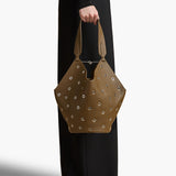 Khaite - Small Lotus Tote in Dark Olive Pebbled Leather with Grommets