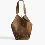 Khaite - Small Lotus Tote in Dark Olive Pebbled Leather with Grommets
