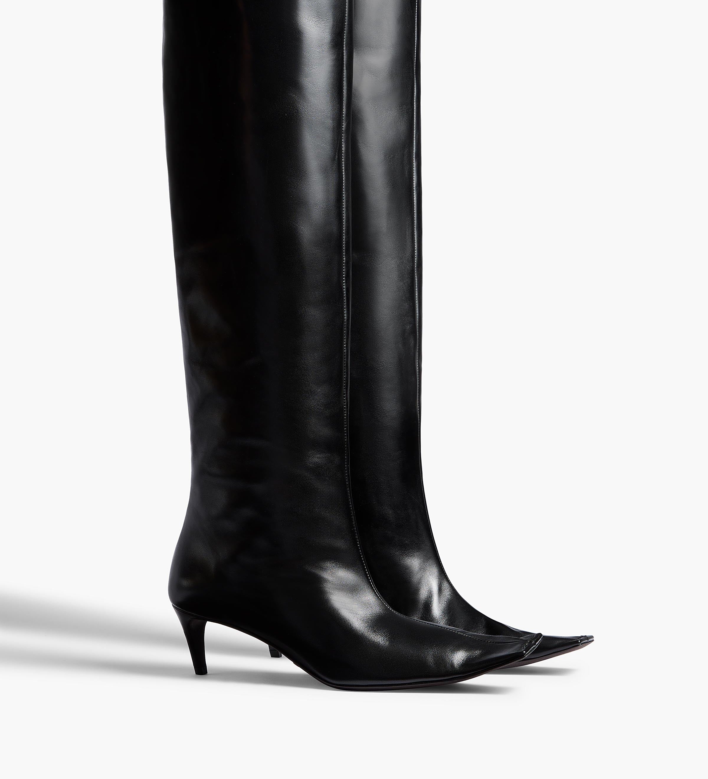 Khaite - Marlene Low Knee - High Boot in Black Glazed Leather