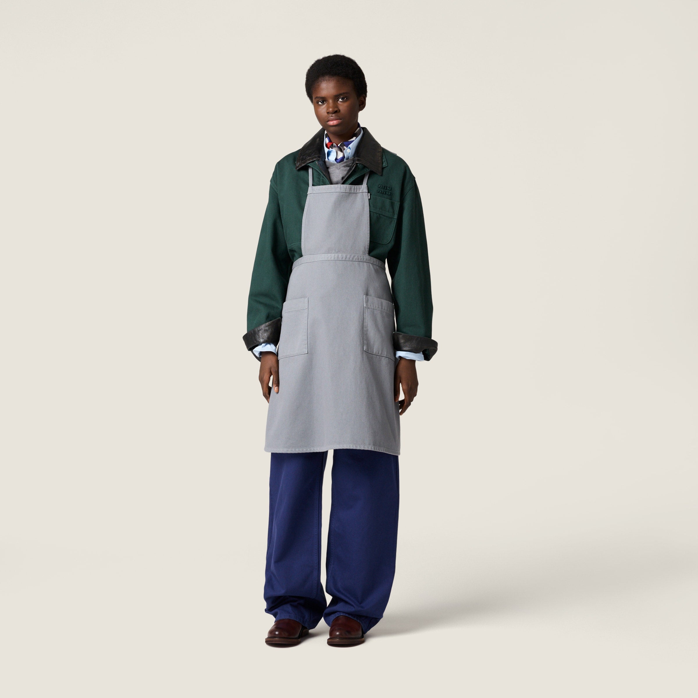 Single-breasted garment-dyed gabardine and leather jacket