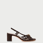 Minna Brown Suede Heeled Sandal in brown suede with a gold hardware accent.