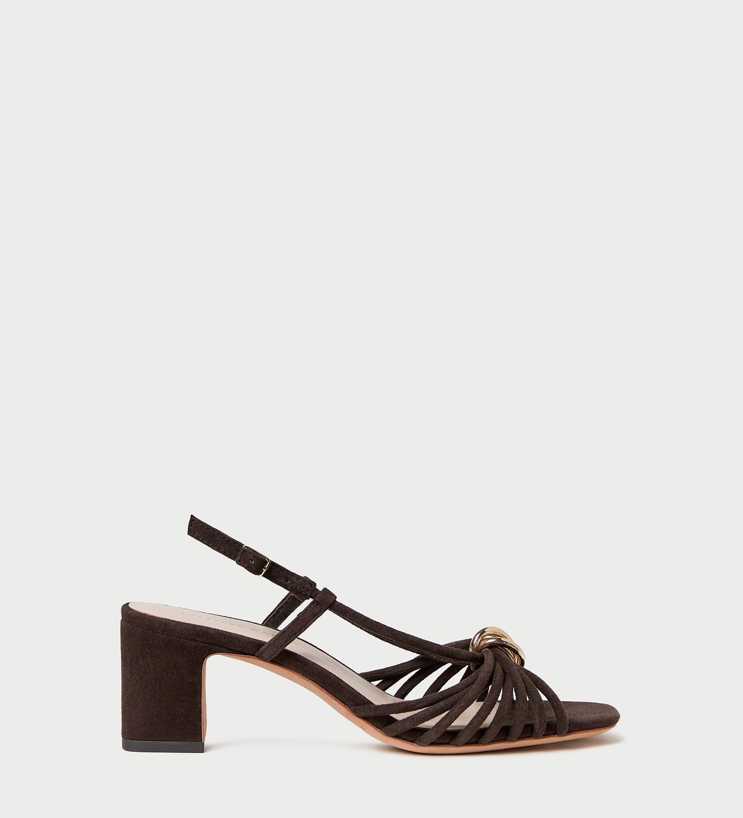 Minna Brown Suede Heeled Sandal in brown suede with a gold hardware accent.