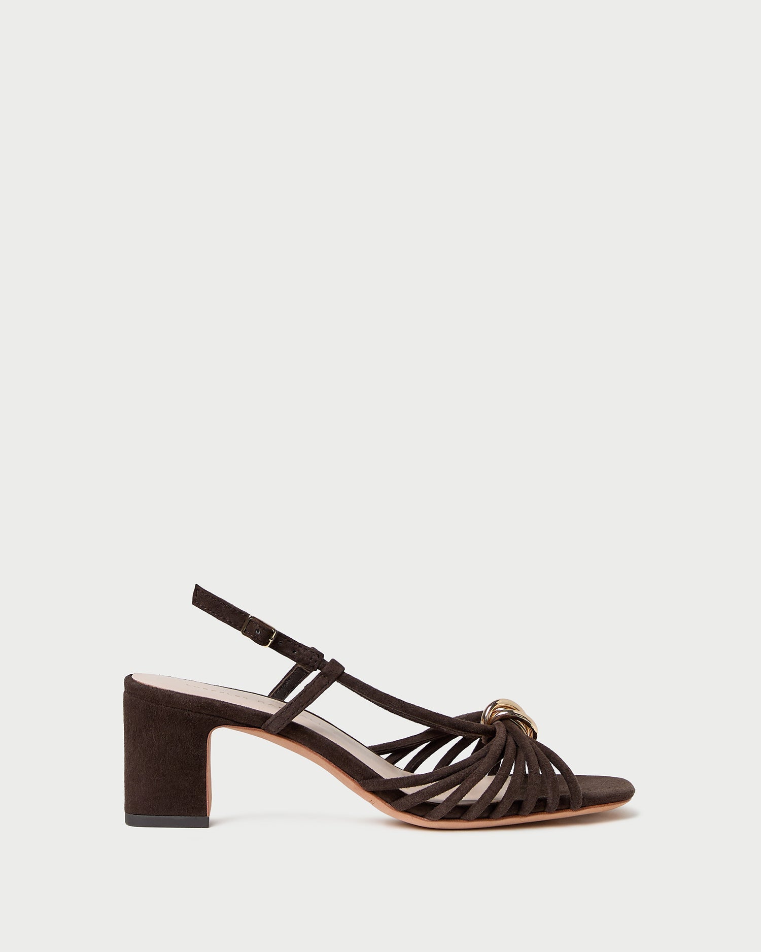 Minna Brown Suede Heeled Sandal in brown suede with a gold hardware accent.