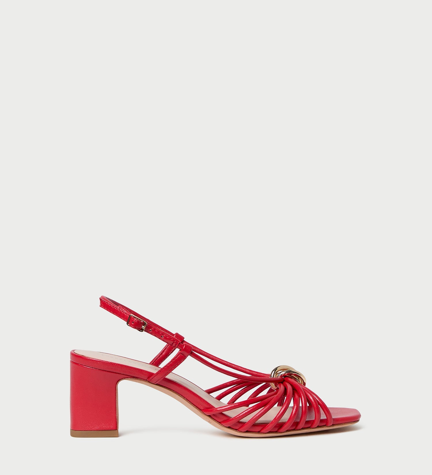 Minna Red Leather Heeled Sandal in red leather with a gold hardware accent.