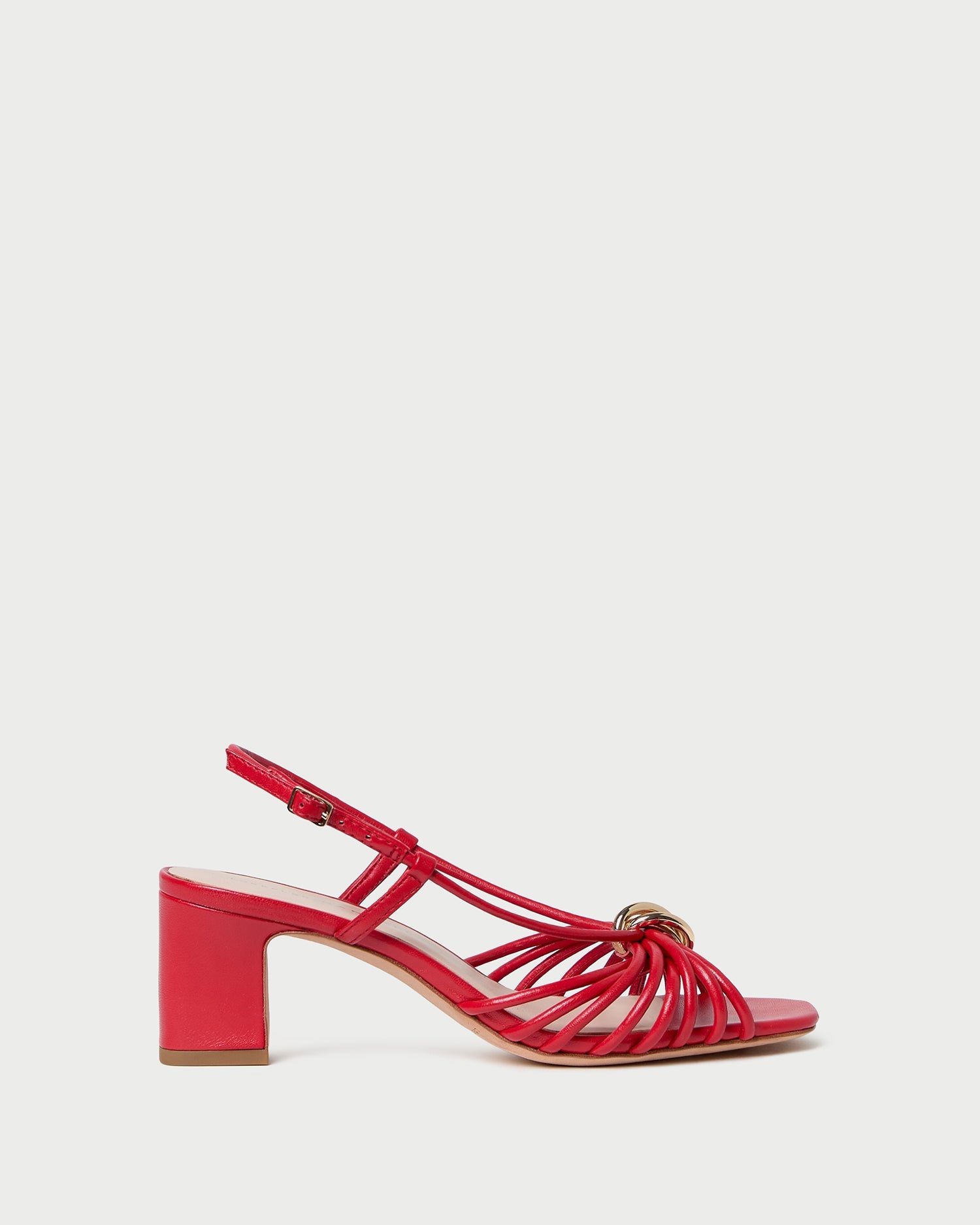 Minna Red Leather Heeled Sandal in red leather with a gold hardware accent.