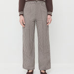 Molly Workwear Jean in brown striped denim, Cove Sweater in brown wool, and Cooper Dark Brown Mary Jane Sneaker.