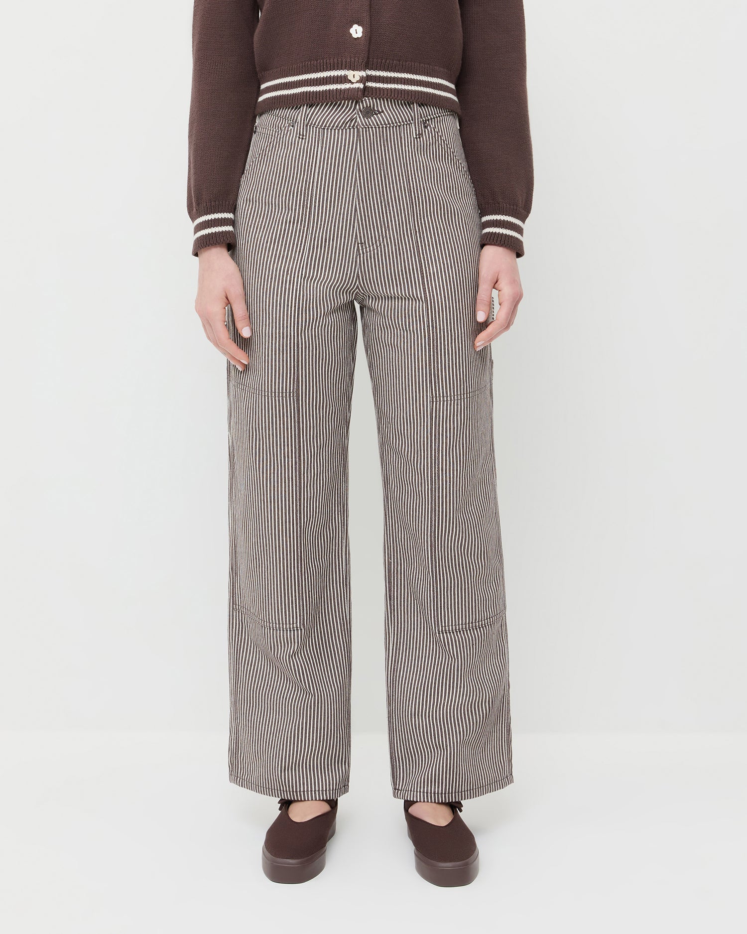 Molly Workwear Jean in brown striped denim, Cove Sweater in brown wool, and Cooper Dark Brown Mary Jane Sneaker.