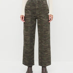 Molly Workwear Jean in dark camo denim, Lolo Pointelle Long-Sleeve Top in cream pointelle, and Suri Brown Leather Lug Boot.