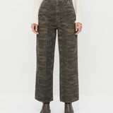 Molly Workwear Jean in dark camo denim, Lolo Pointelle Long-Sleeve Top in cream pointelle, and Suri Brown Leather Lug Boot.