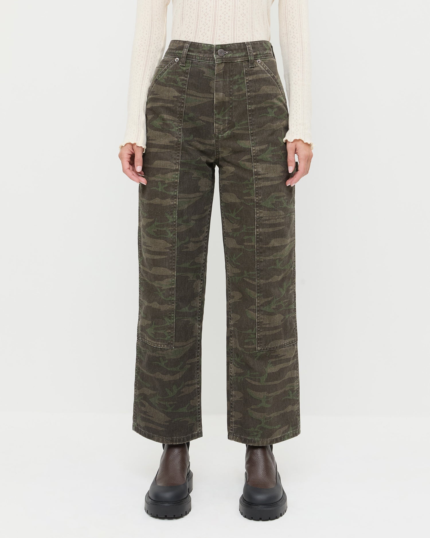 Molly Workwear Jean in dark camo denim, Lolo Pointelle Long-Sleeve Top in cream pointelle, and Suri Brown Leather Lug Boot.