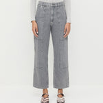 Molly Workwear Jean in grey denim, Ash Pointelle Cardigan in grey cotton, and Cooper Zebra Mary Jane Sneaker.
