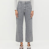 Molly Workwear Jean in grey denim, Ash Pointelle Cardigan in grey cotton, and Cooper Zebra Mary Jane Sneaker.