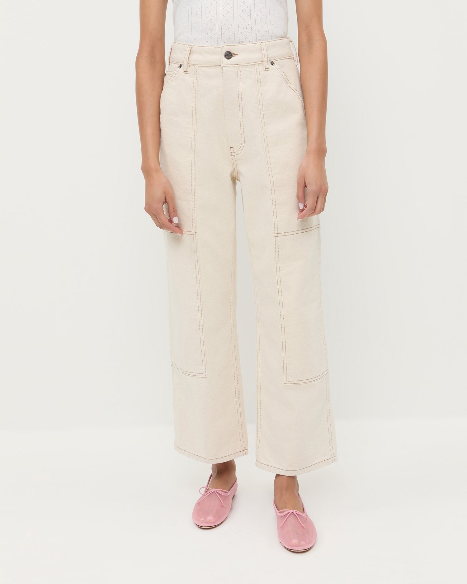 Molly Workwear Jean in natural denim, Rylee Pointelle Tank Top in grey cotton, and Landon Ballet Mesh Ballet Flat.