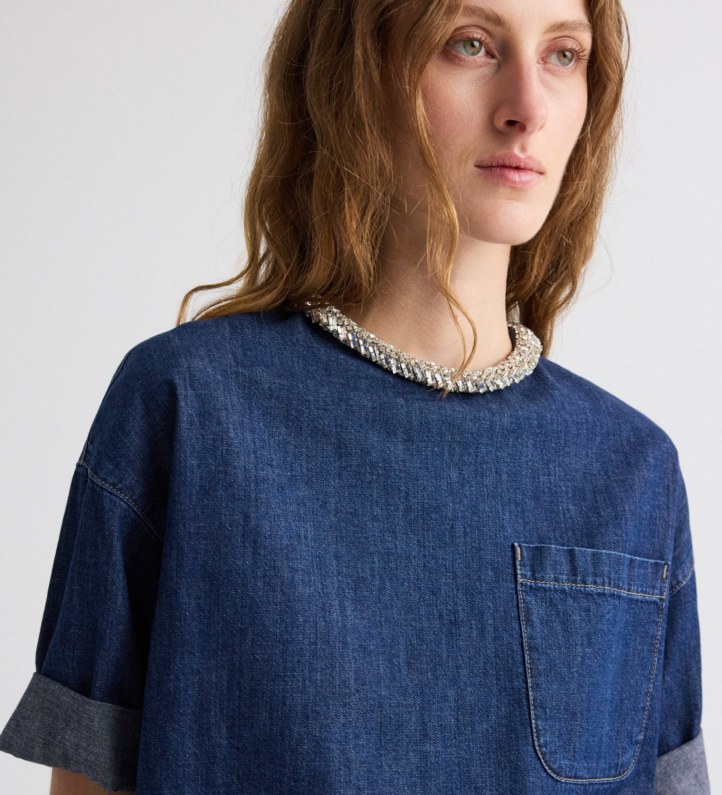 TWP - Ex T with Crystal Collar in Denim Shirting