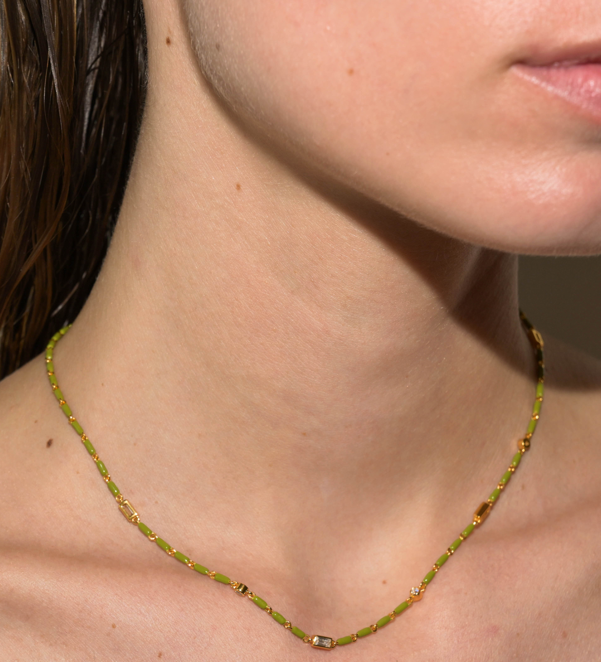 Dorsey - ENAMEL MOISSANITE NECKLACE IN OLIVE, 18K GOLD VERMEIL