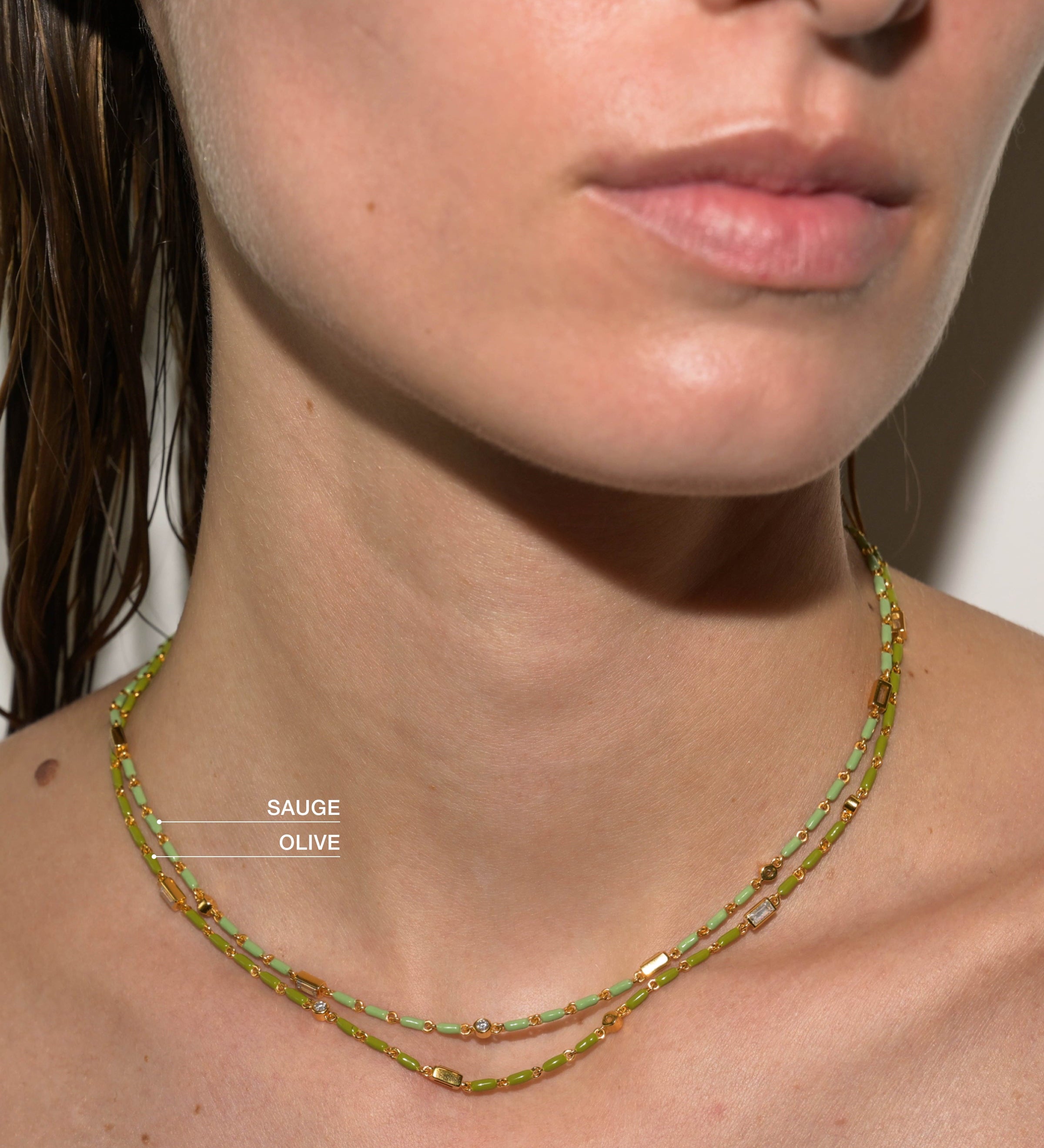 Dorsey - ENAMEL MOISSANITE NECKLACE IN OLIVE, 18K GOLD VERMEIL