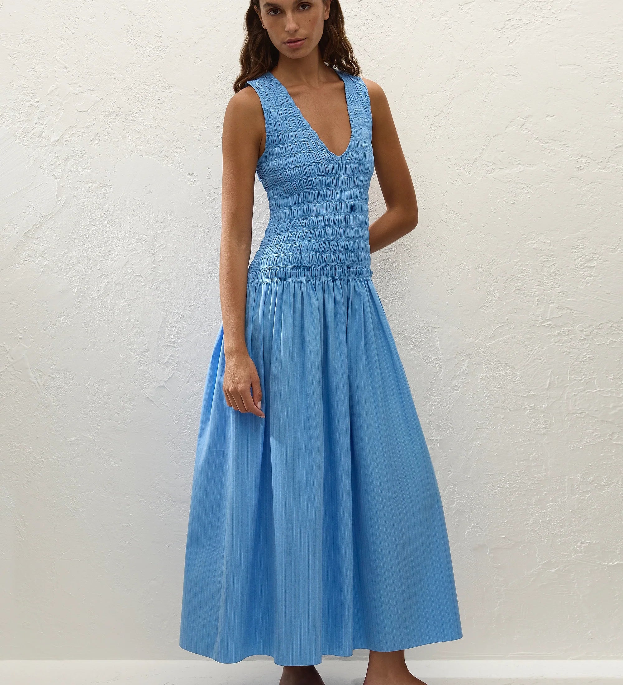 Faithfull - Palomar Midi Dress Mico Pinstripe Azul