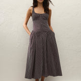 Faithfull - Olas Midi Dress Rocio Pinstripe Chocolate Plum