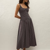 Faithfull - Olas Midi Dress Rocio Pinstripe Chocolate Plum