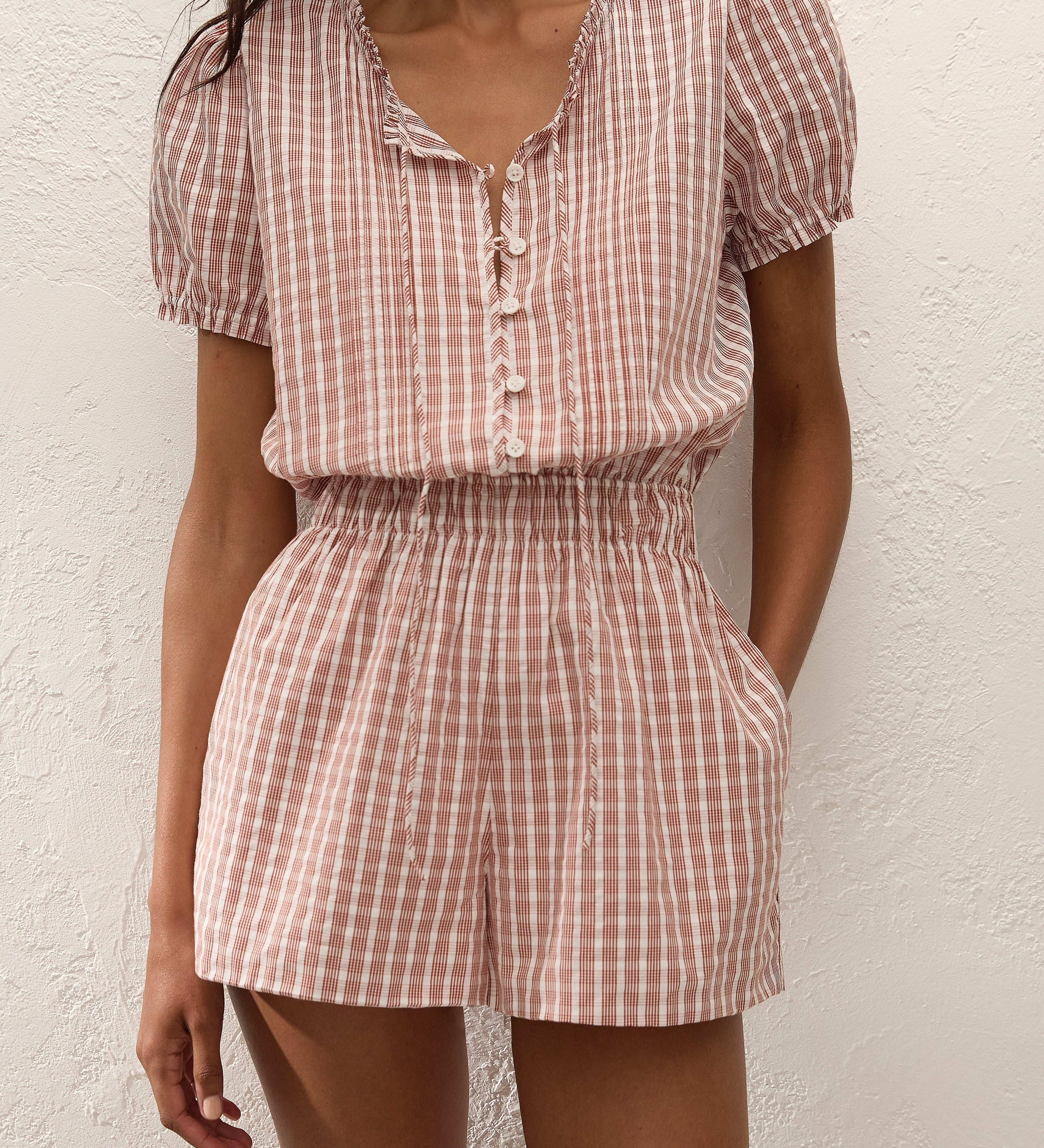Faithfull - Emilie Playsuit Paloma Check Cinnamon White