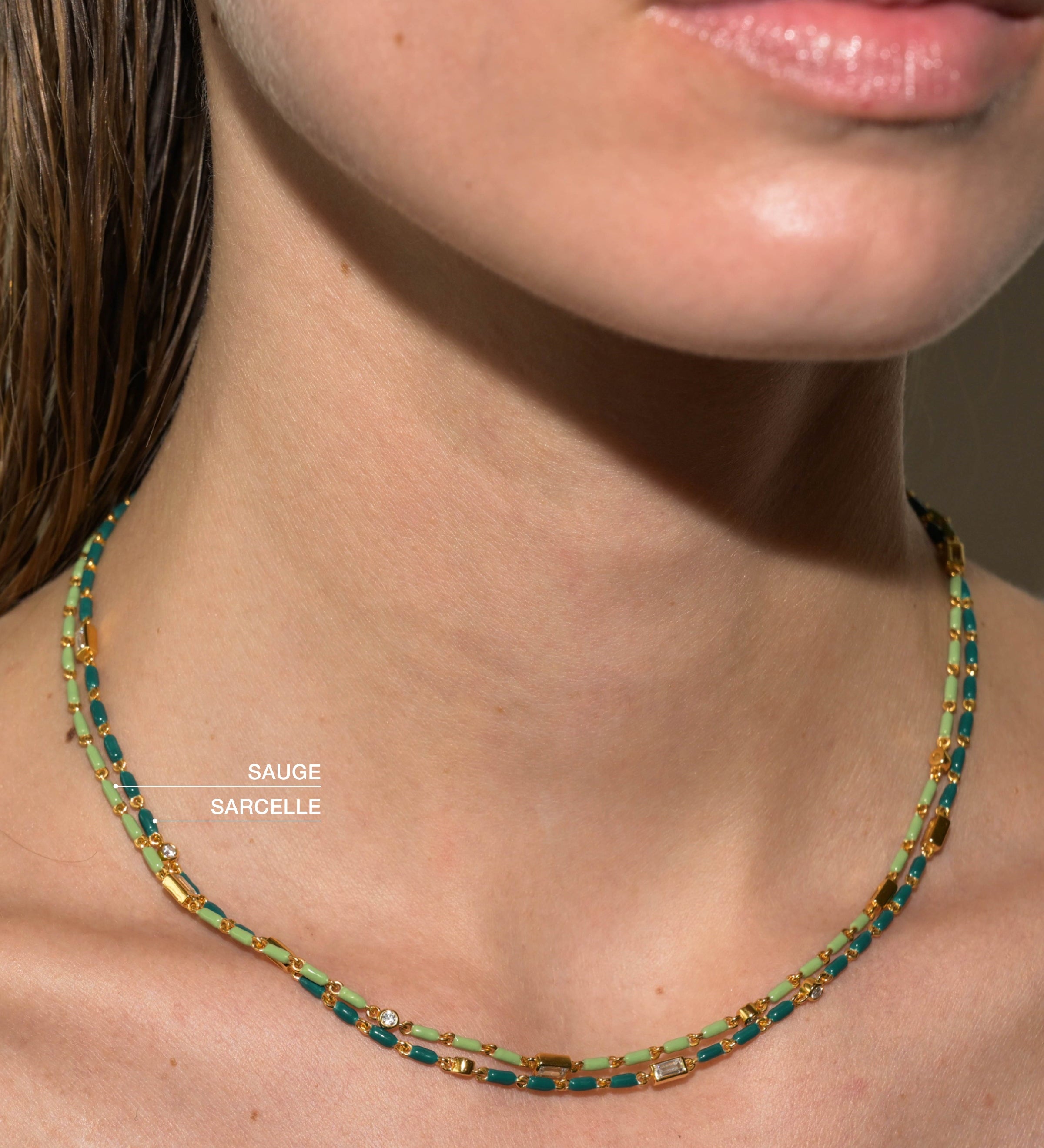 Dorsey - ENAMEL MOISSANITE NECKLACE IN SAUGE, 18K GOLD VERMEIL