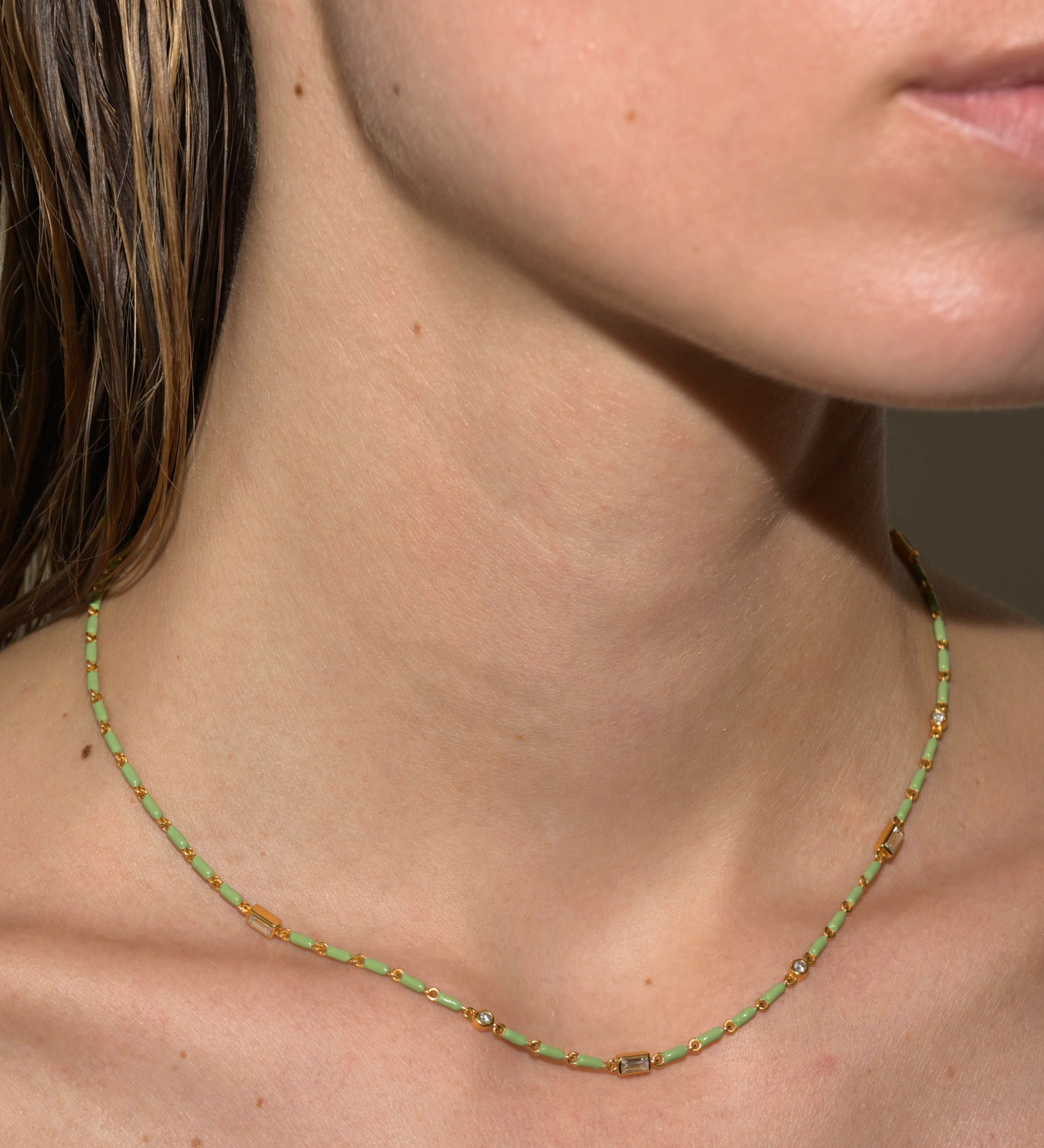 Dorsey - ENAMEL MOISSANITE NECKLACE IN SAUGE, 18K GOLD VERMEIL