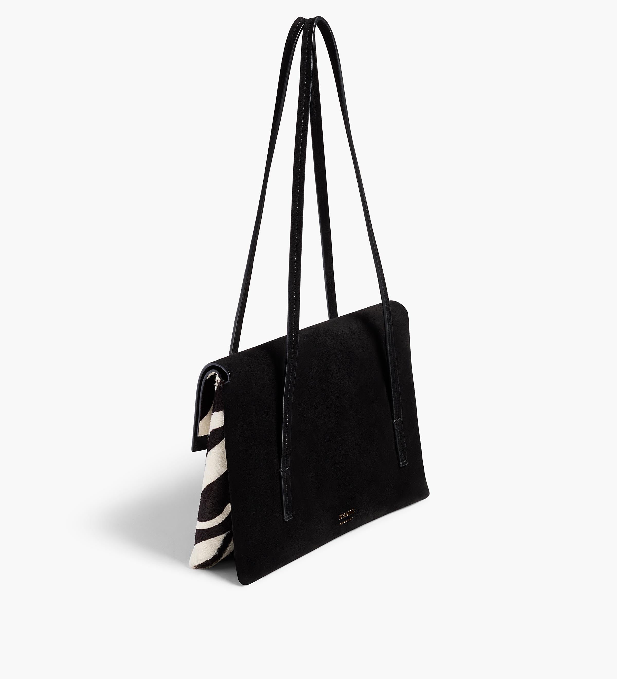 Khaite - Soft Blake Small Shoulder Bag in Zebra Print Haircalf and Black Suede