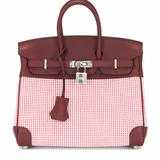 Hermes Swift & Toile Qaudrille Birkin 25 Handbag in Ecru Rouge