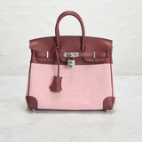 Hermes Swift & Toile Qaudrille Birkin 25 Handbag in Ecru Rouge