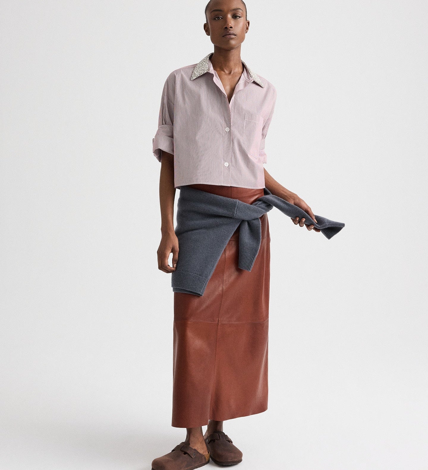 TWP - Next Ex Shirt with Crystal Collar in Superfine Mini Stripe