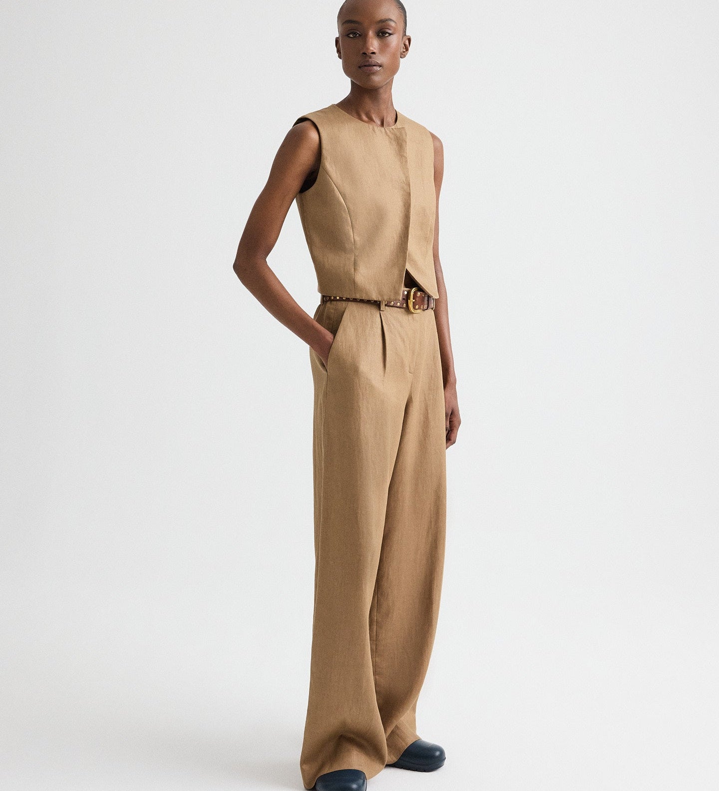 TWP - High Neck Hidden Placket Vest in Chintzed Linen