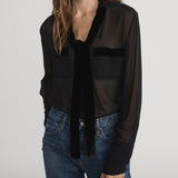 FRAME - Velvet Trim Modern Tie Blouse -- Black