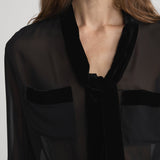 FRAME - Velvet Trim Modern Tie Blouse -- Black
