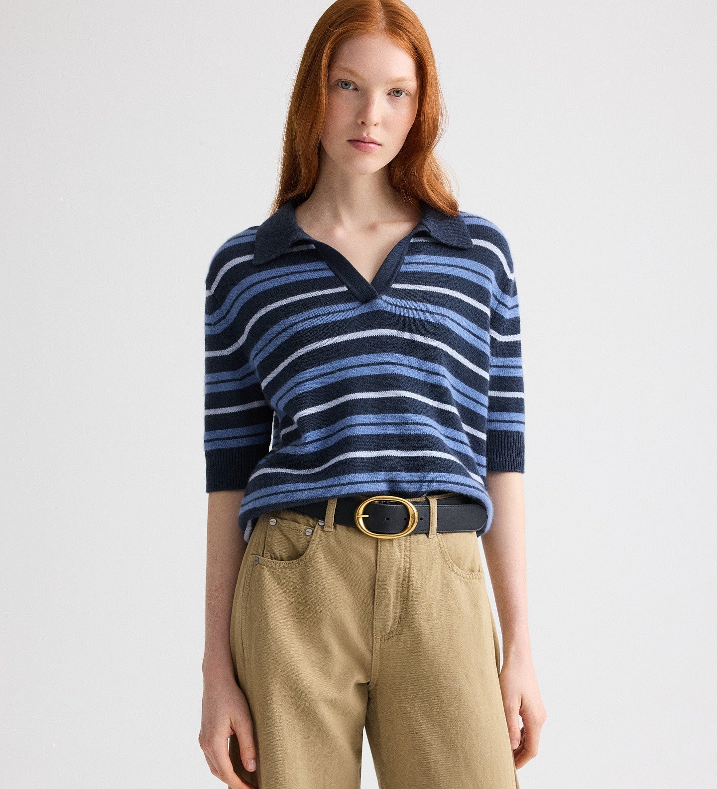 TWP - Slightly Oversized Polo W/ Multi Stripe in Cashmere