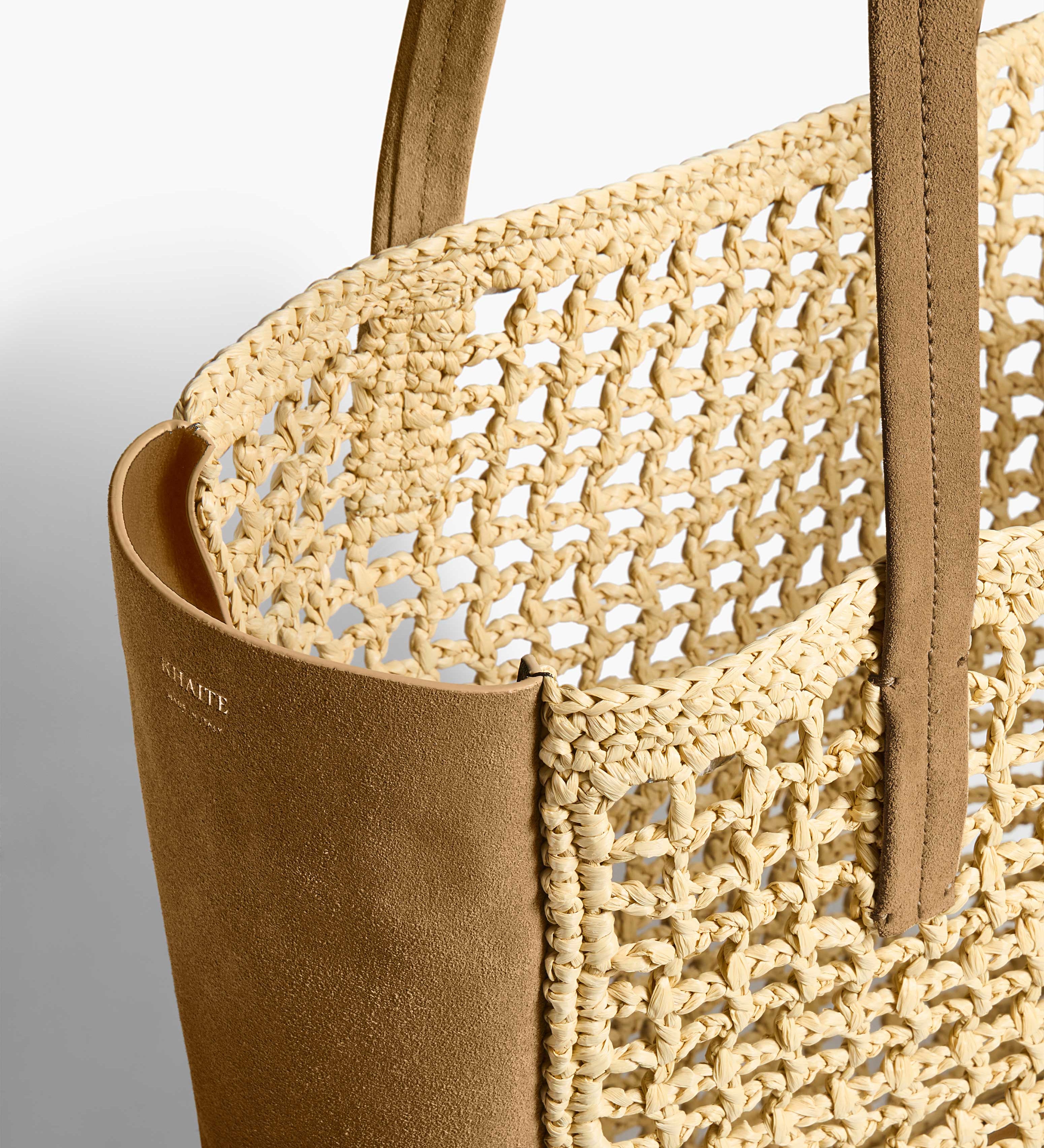 Khaite - Zoe Tote in Natural Raffia with Mud Suede