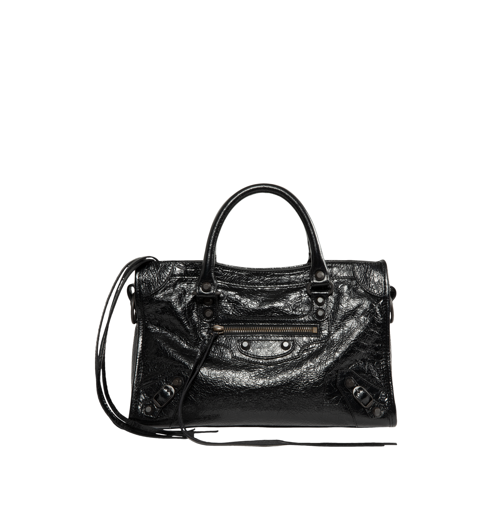 Image 1 of 3 - BLACK - Balenciaga Women's Le City Small Bag is crafted from supple leather and features the house's iconic slouchy silhouette with rolled top handles, signature buckle detailing, and an adjustable, detachable shoulder strap for versatile styling. Designed with a spacious zip-top main compartment, this designer handbag blends Balenciaga's archival motorcycle-inspired aesthetic with everyday functionality. Main Material: Leather. Dimensions: 30 x 19 x 10 cm. Made in Italy.