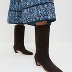 Cleo Brown Suede Mid-Calf Boot in brown suede and Ainsley Dress in Blue Paisley Floral.