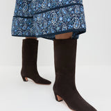 Cleo Brown Suede Mid-Calf Boot in brown suede and Ainsley Dress in Blue Paisley Floral.