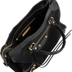 Image 4 of 4 - BLACK - BALENCIAGA Le City Bag Medium featuring suede calfskin and smooth calfskin, two hand-braided handles with waxed cord, removable and adjustable strap with shoulder pad, aged-gold hardware, double-sided zip with long tails and knotted leather puller, rront zipped pocket with knotted leather puller, 1 inner zipped pocket, 1 removable mirror, tone-on-tone Balenciaga logo debossed on mirror and cotton canvas lining. Calfskin, cotton, plexiglass. Made in Italy.