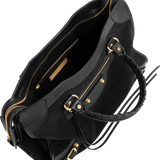 Image 4 of 4 - BLACK - BALENCIAGA Le City Bag Medium featuring suede calfskin and smooth calfskin, two hand-braided handles with waxed cord, removable and adjustable strap with shoulder pad, aged-gold hardware, double-sided zip with long tails and knotted leather puller, rront zipped pocket with knotted leather puller, 1 inner zipped pocket, 1 removable mirror, tone-on-tone Balenciaga logo debossed on mirror and cotton canvas lining. Calfskin, cotton, plexiglass. Made in Italy.