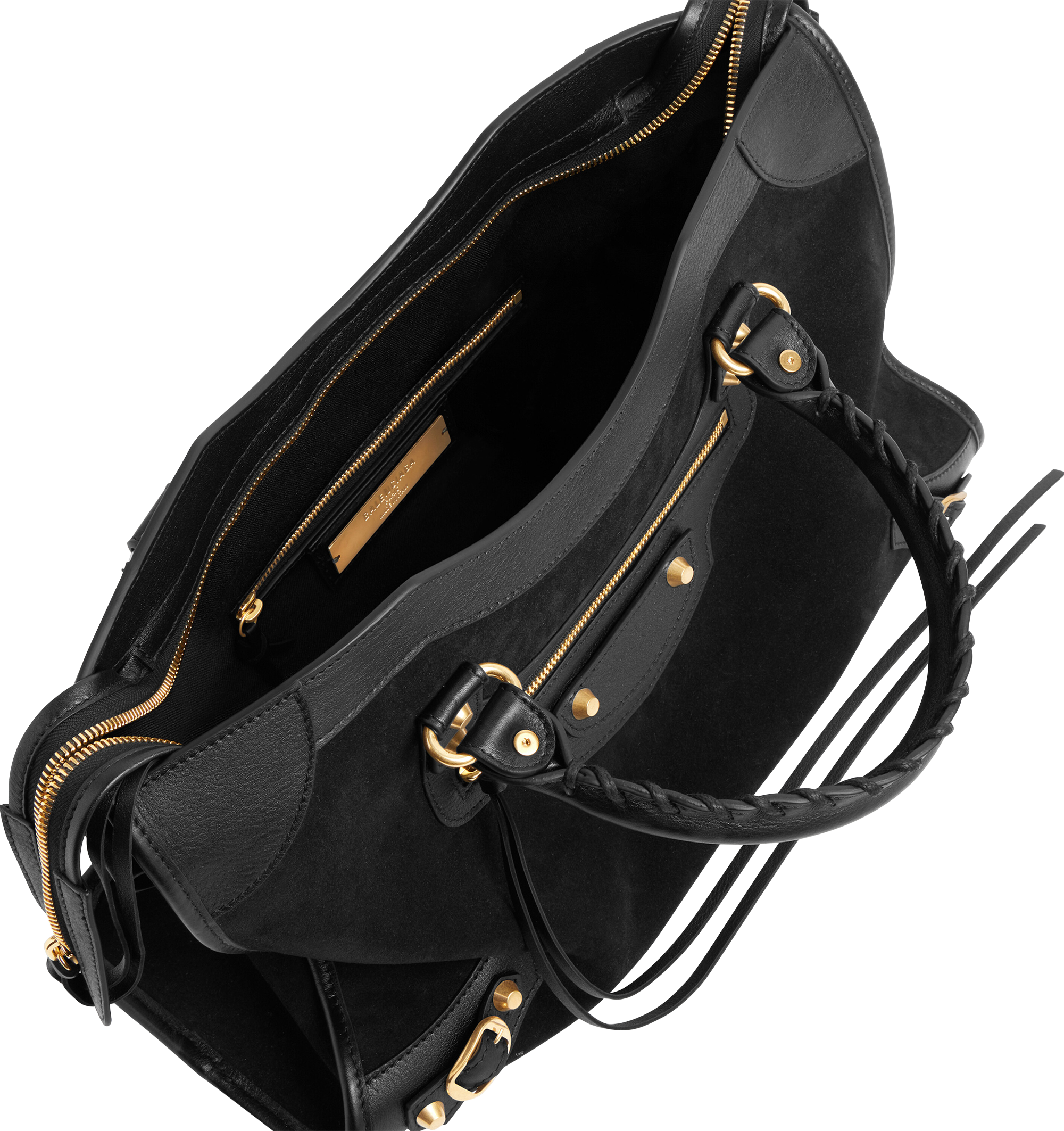Image 4 of 4 - BLACK - BALENCIAGA Le City Bag Medium featuring suede calfskin and smooth calfskin, two hand-braided handles with waxed cord, removable and adjustable strap with shoulder pad, aged-gold hardware, double-sided zip with long tails and knotted leather puller, rront zipped pocket with knotted leather puller, 1 inner zipped pocket, 1 removable mirror, tone-on-tone Balenciaga logo debossed on mirror and cotton canvas lining. Calfskin, cotton, plexiglass. Made in Italy.