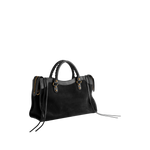 Image 2 of 4 - BLACK - BALENCIAGA Le City Bag Medium featuring suede calfskin and smooth calfskin, two hand-braided handles with waxed cord, removable and adjustable strap with shoulder pad, aged-gold hardware, double-sided zip with long tails and knotted leather puller, rront zipped pocket with knotted leather puller, 1 inner zipped pocket, 1 removable mirror, tone-on-tone Balenciaga logo debossed on mirror and cotton canvas lining. Calfskin, cotton, plexiglass. Made in Italy.