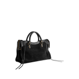 Image 2 of 4 - BLACK - BALENCIAGA Le City Bag Medium featuring suede calfskin and smooth calfskin, two hand-braided handles with waxed cord, removable and adjustable strap with shoulder pad, aged-gold hardware, double-sided zip with long tails and knotted leather puller, rront zipped pocket with knotted leather puller, 1 inner zipped pocket, 1 removable mirror, tone-on-tone Balenciaga logo debossed on mirror and cotton canvas lining. Calfskin, cotton, plexiglass. Made in Italy.