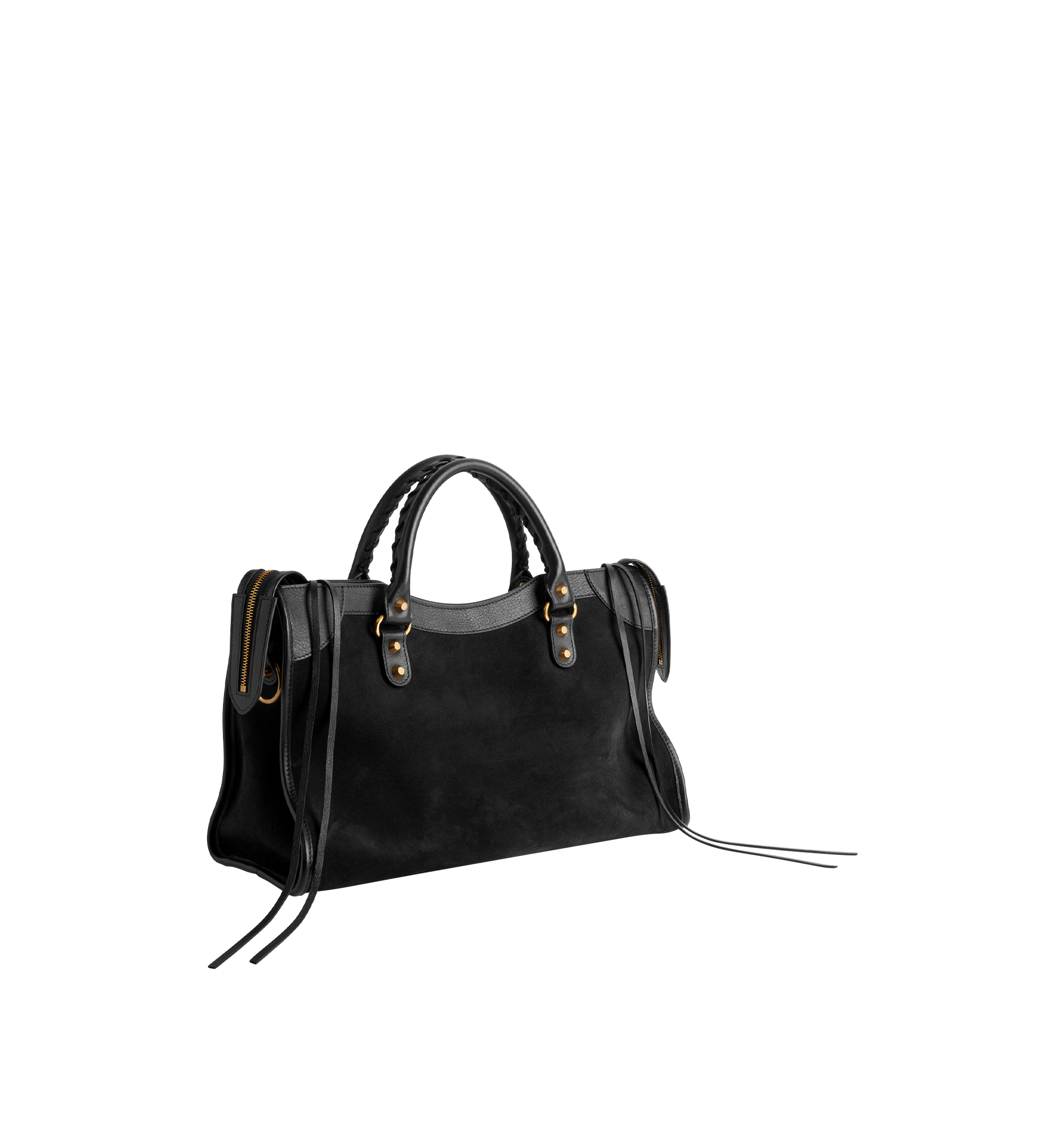 Image 2 of 4 - BLACK - BALENCIAGA Le City Bag Medium featuring suede calfskin and smooth calfskin, two hand-braided handles with waxed cord, removable and adjustable strap with shoulder pad, aged-gold hardware, double-sided zip with long tails and knotted leather puller, rront zipped pocket with knotted leather puller, 1 inner zipped pocket, 1 removable mirror, tone-on-tone Balenciaga logo debossed on mirror and cotton canvas lining. Calfskin, cotton, plexiglass. Made in Italy.