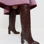 Goldy Espresso Woven Leather Tall Boot in espresso woven leather and Clara Quilted Skirt in maroon gingham.