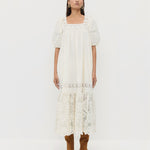 Jo Puff-Sleeve Dress in cream cotton and Indy Cacao Suede Tall Boot.
