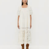 Jo Puff-Sleeve Dress in cream cotton and Indy Cacao Suede Tall Boot.