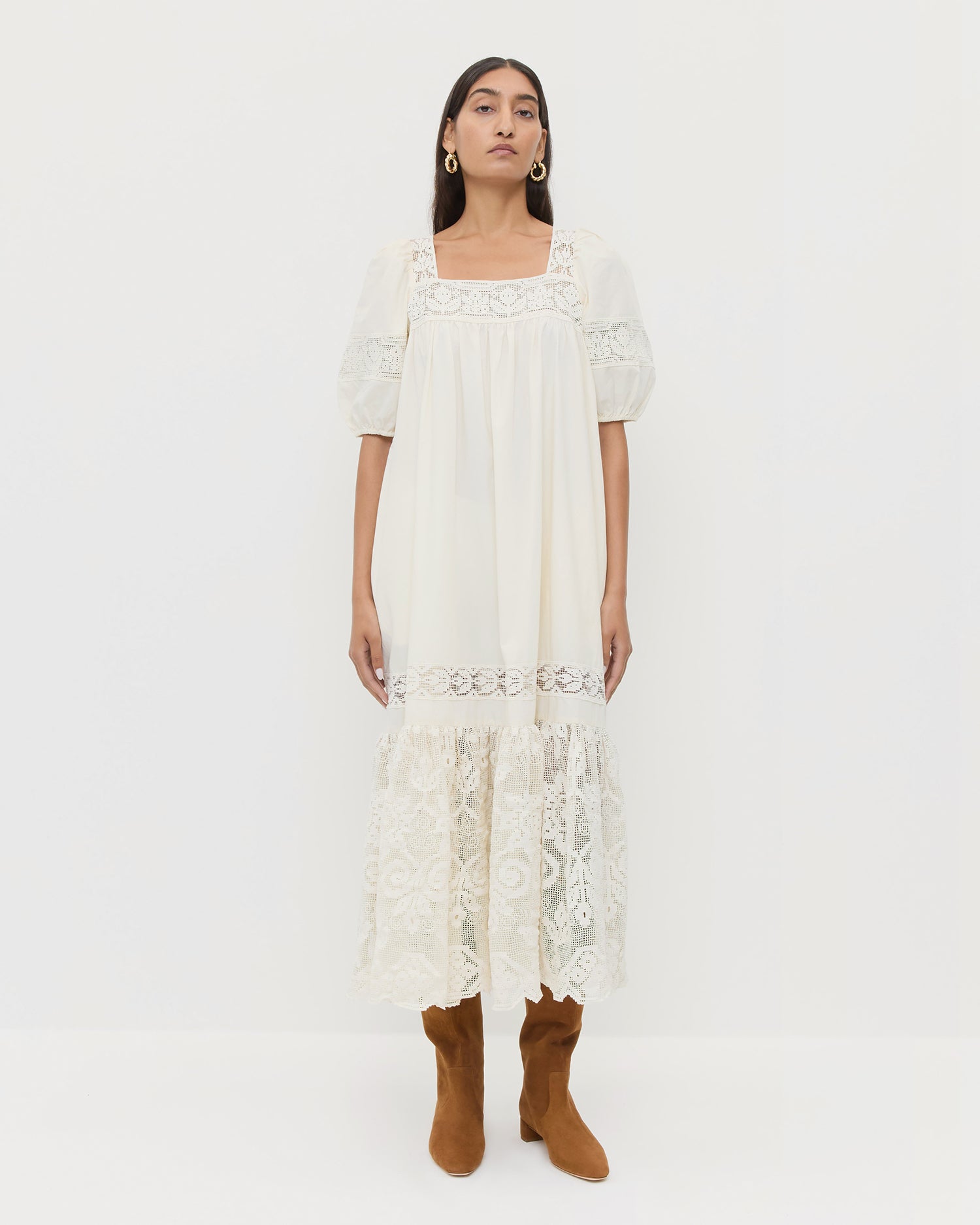 Jo Puff-Sleeve Dress in cream cotton and Indy Cacao Suede Tall Boot.